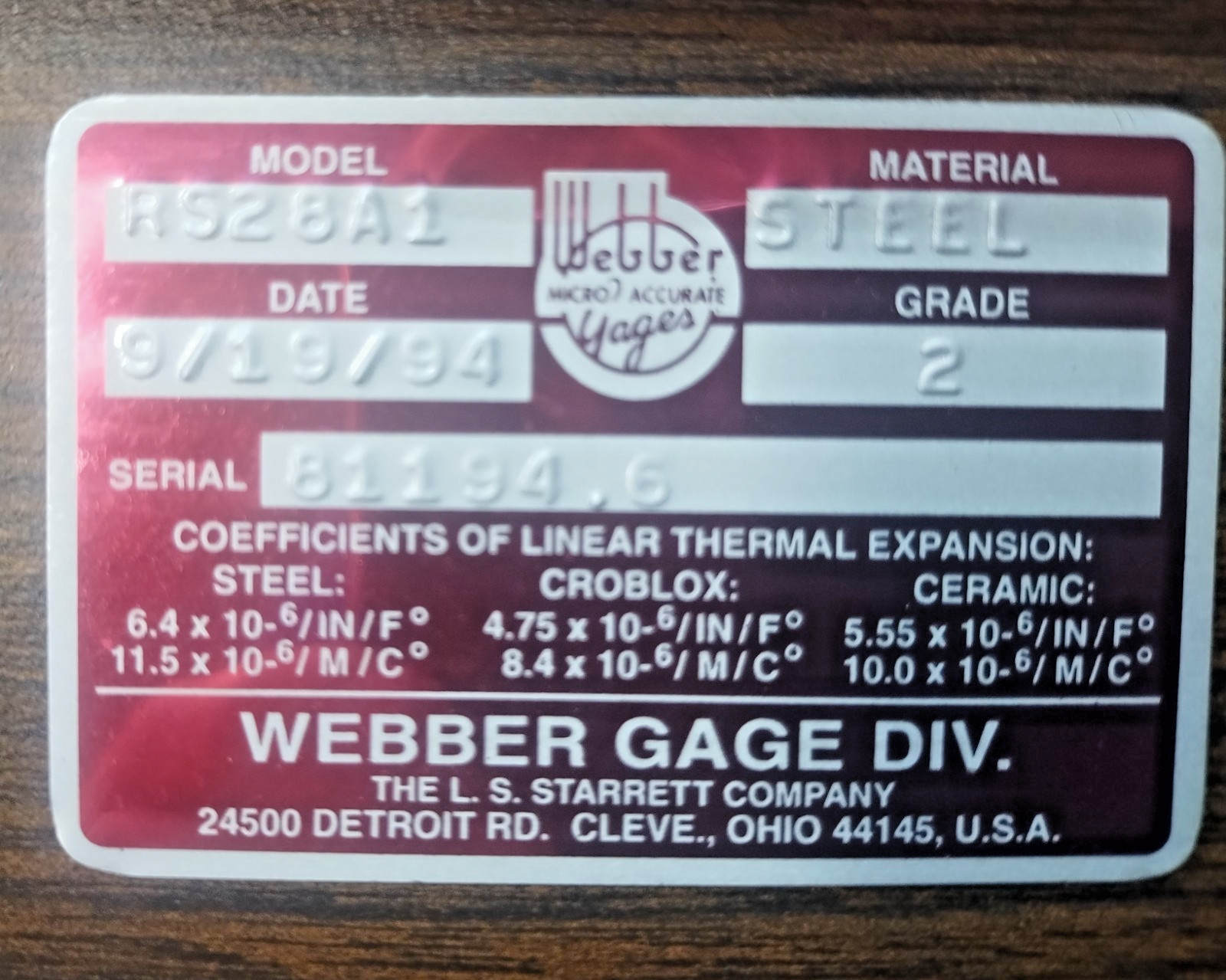 Starrett Weber RS28A1 Gage Block Set Grade 2