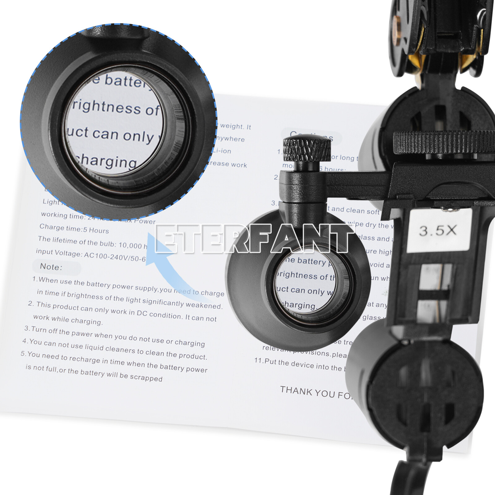 ETERFANT Dental 3.5X Surgical Headband Binocular Loupes+5W LED Head Light 2 Leds
