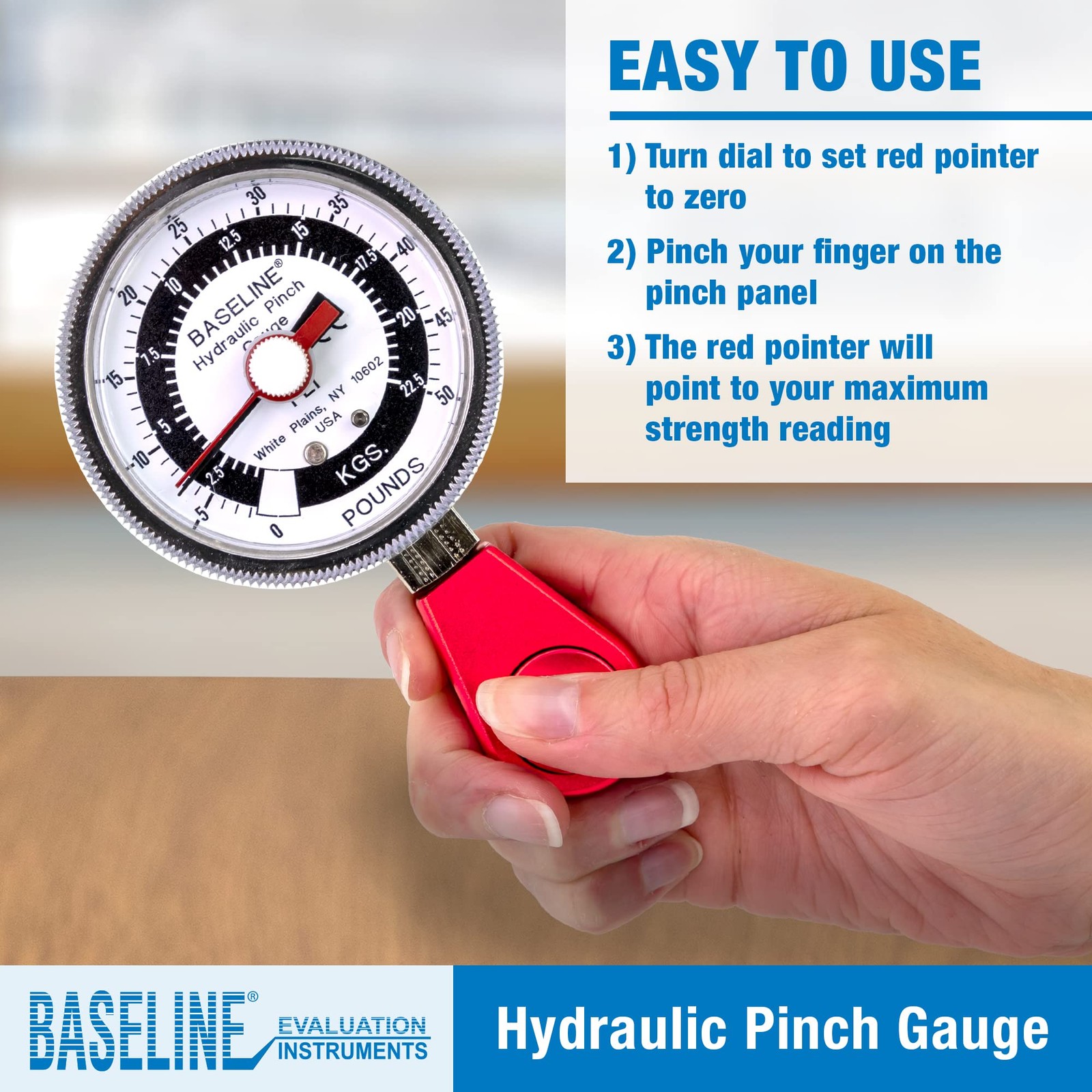 Baseline Hydraulic Pinch Gauge 50 lb Capacity Hand Strength Tester Made in USA