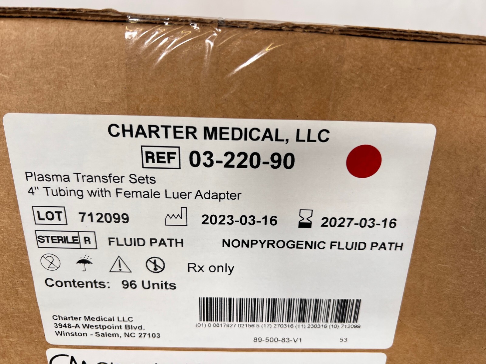 New Sealed Charter Medical 03-220-90 Box, Content 96 Units Good until March 2027