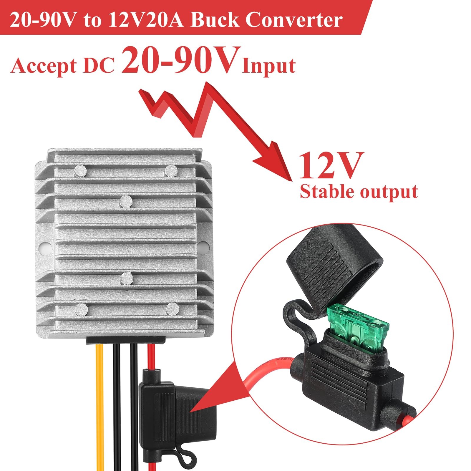 Mzhou 240W DC-DC Buck Down-dc 20-90v to 12v20a, Grey-DC 20-90V 12V20A
