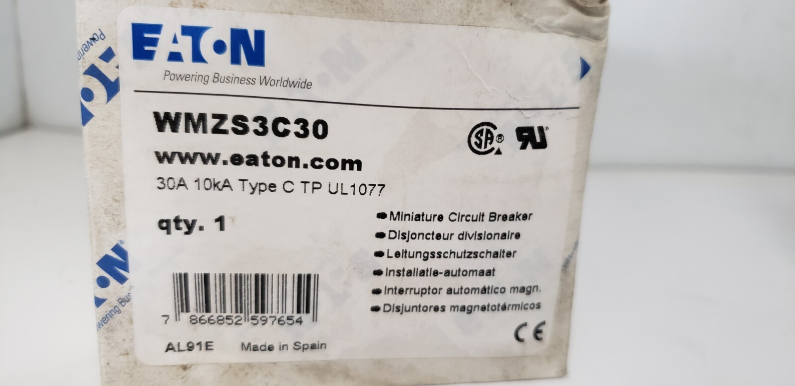 EATON WMZS3C30 (FAZ-C30/3) CIRCUIT BREAKER, 3P 30A, 10kA, 277/480VAC, TYPE C NIB