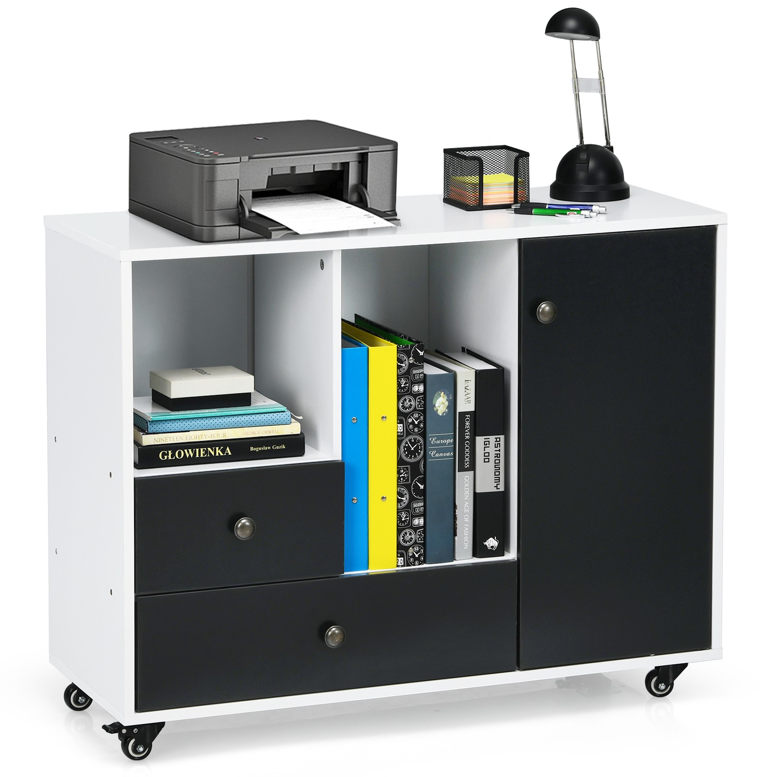 Costway Lateral Mobile Filing Cabinet Large Printer Stand w/2 Drawers White