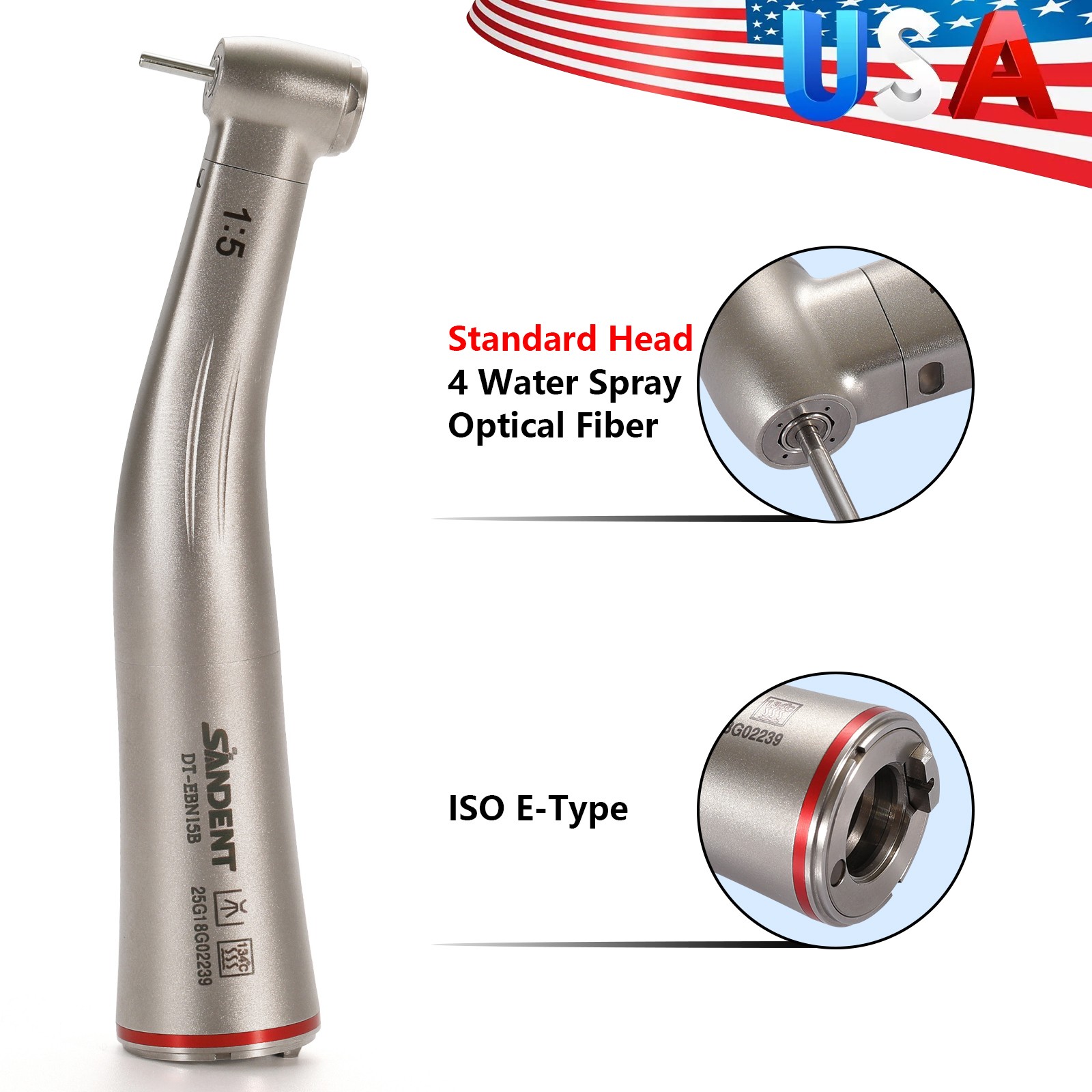 Dental 1:5 Contra Angle Fiber Optic LED Low Speed Handpiece Standard Head