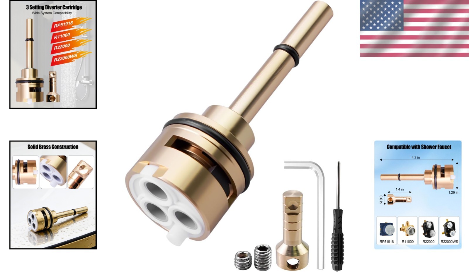 Diverter Cartridge Replacement for R11000 R22000 Brass Three Setting Design
