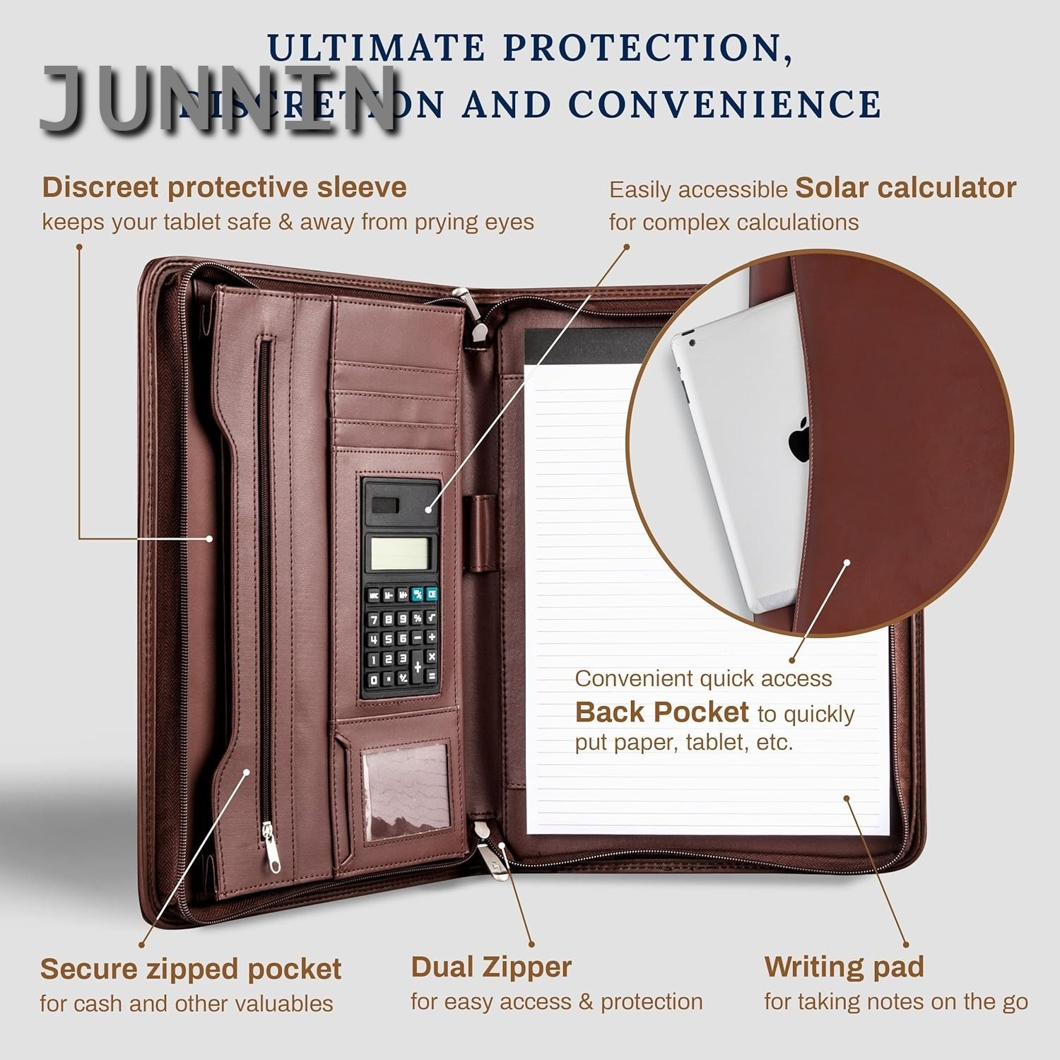 Brown PU Leather Business Portfolio Zipper Padfolio Tablet Sleeve Solar Calculat