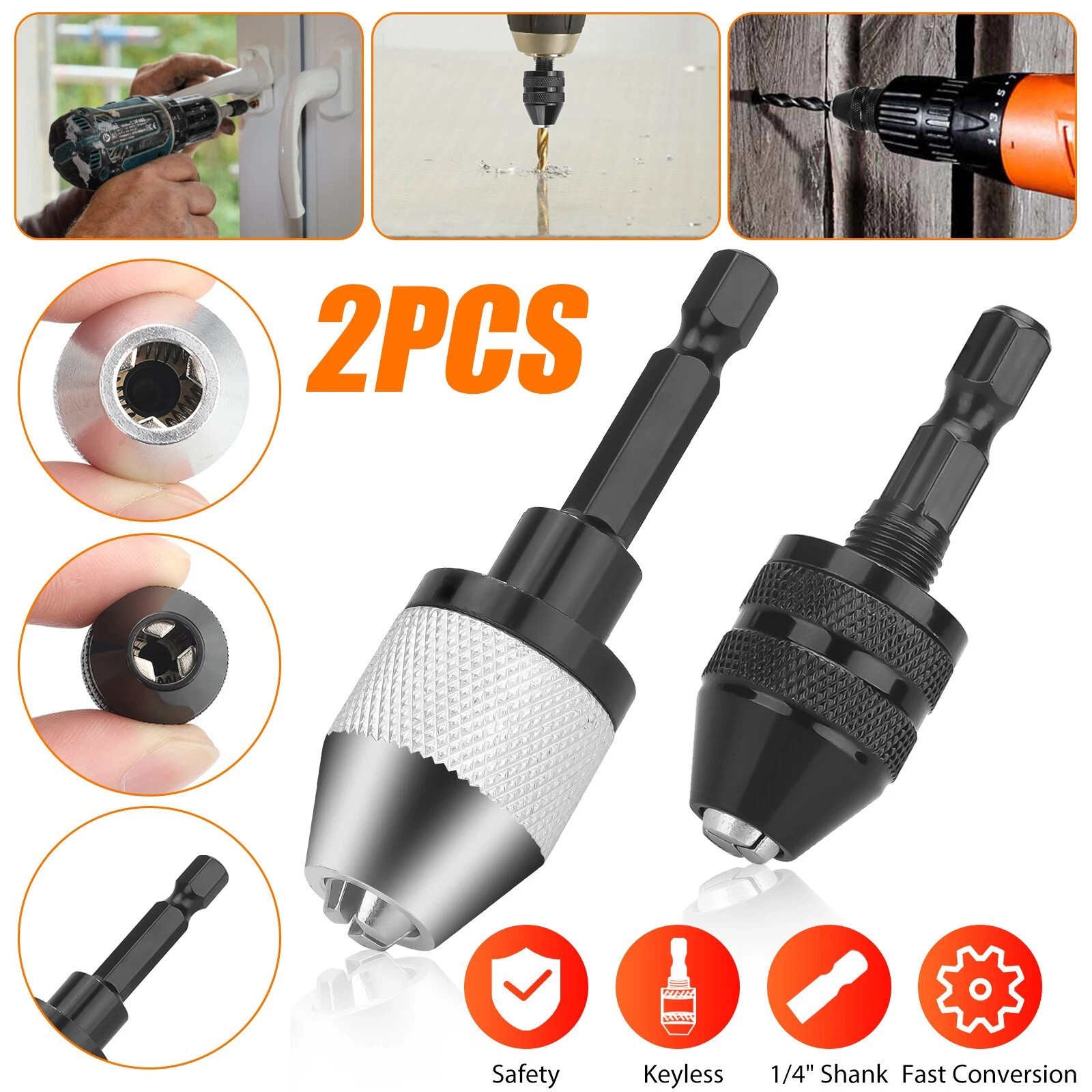 2x Keyless Chuck Conversion 1/4″ Hex Shank Adapter Drill Bit Quick Change Driver
