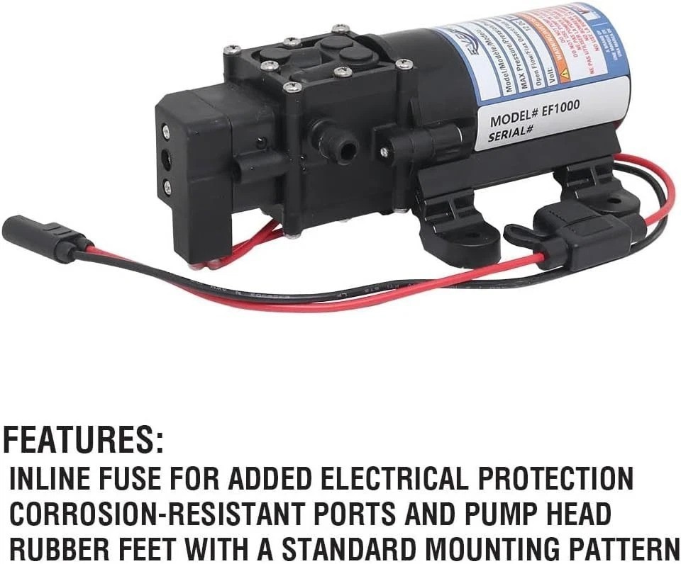 EF1000-BOX 12V Diaphragm Pump with 3/8″ Hose Barb Ports, 1.0 Gpm.