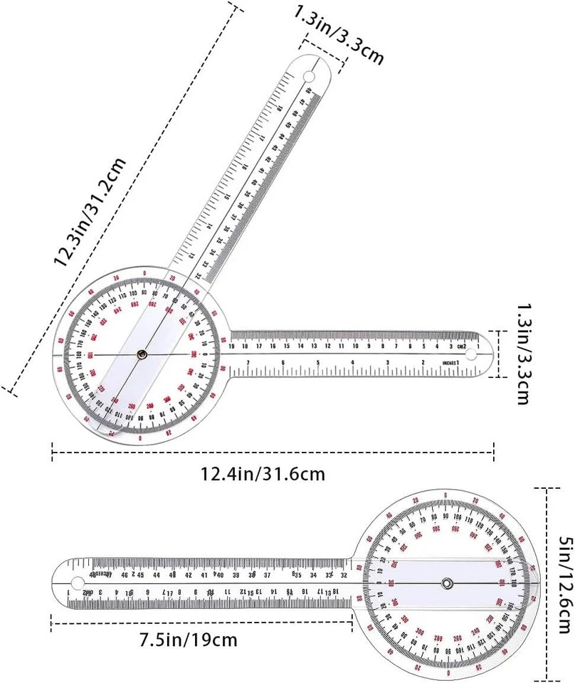 Goniometer 12 inch, Transparent Orthopedic Angle Ruler Plastic Goniometer, 360 D