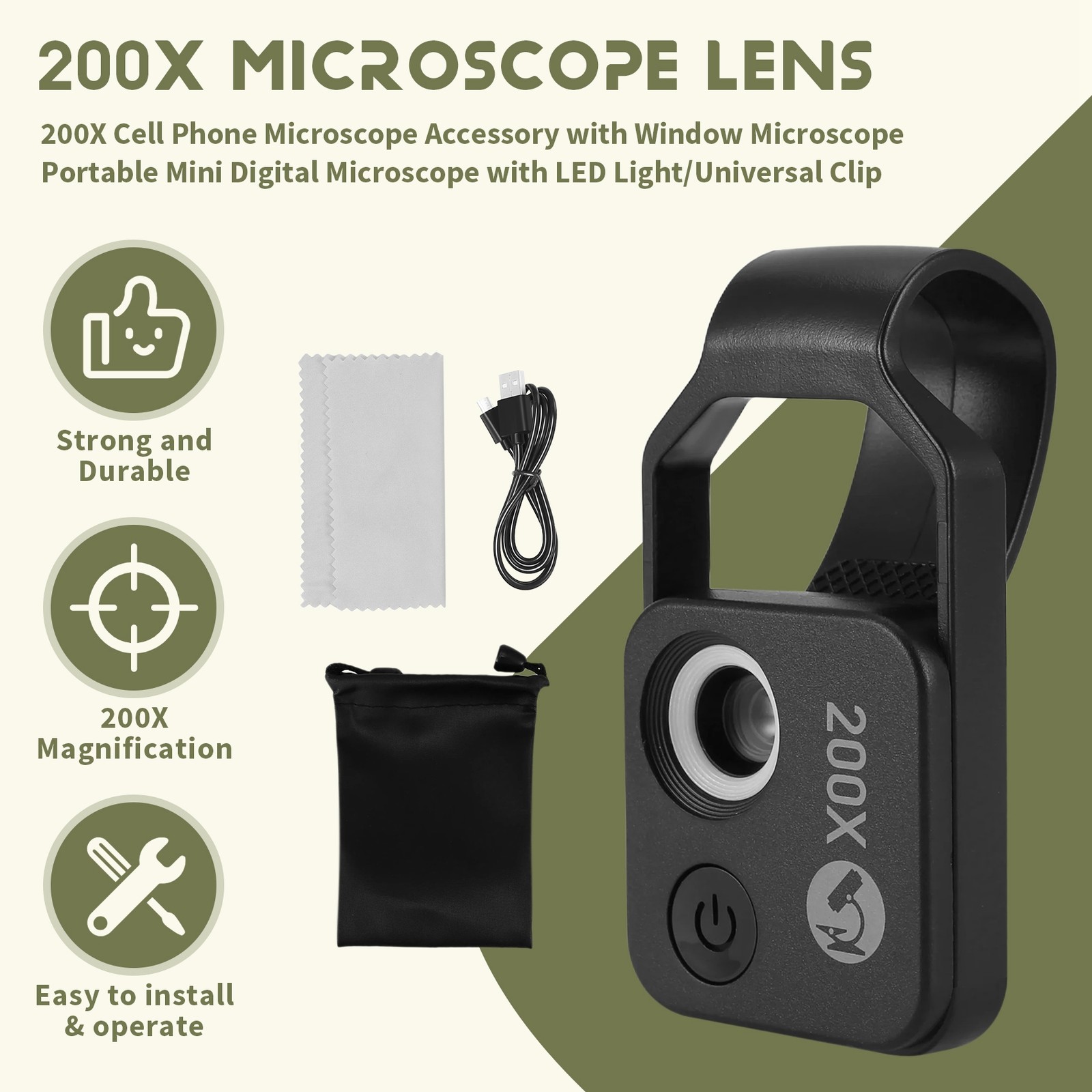 200X Cell Phone Microscope Accessory with Window Microscope, Portable 3218