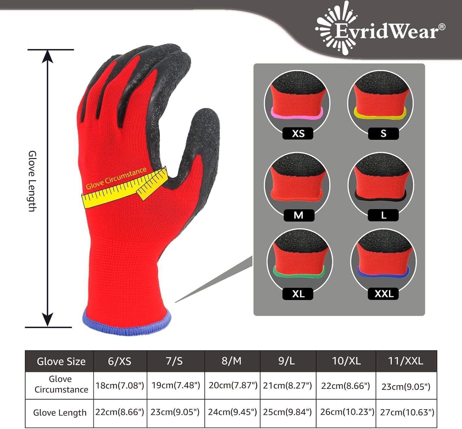 EvridWear 12 Pairs Pack Crinkle Latex Rubber Coated Work Gloves