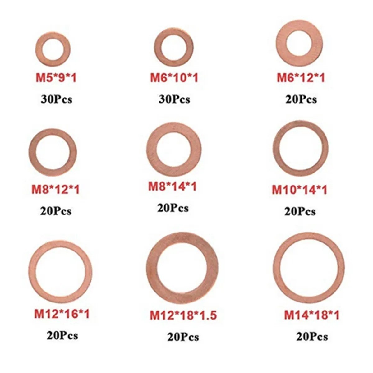 Copper Washer Gasket Nut and Bolt Set Flat Ring Seal Assortment Kit with Box M