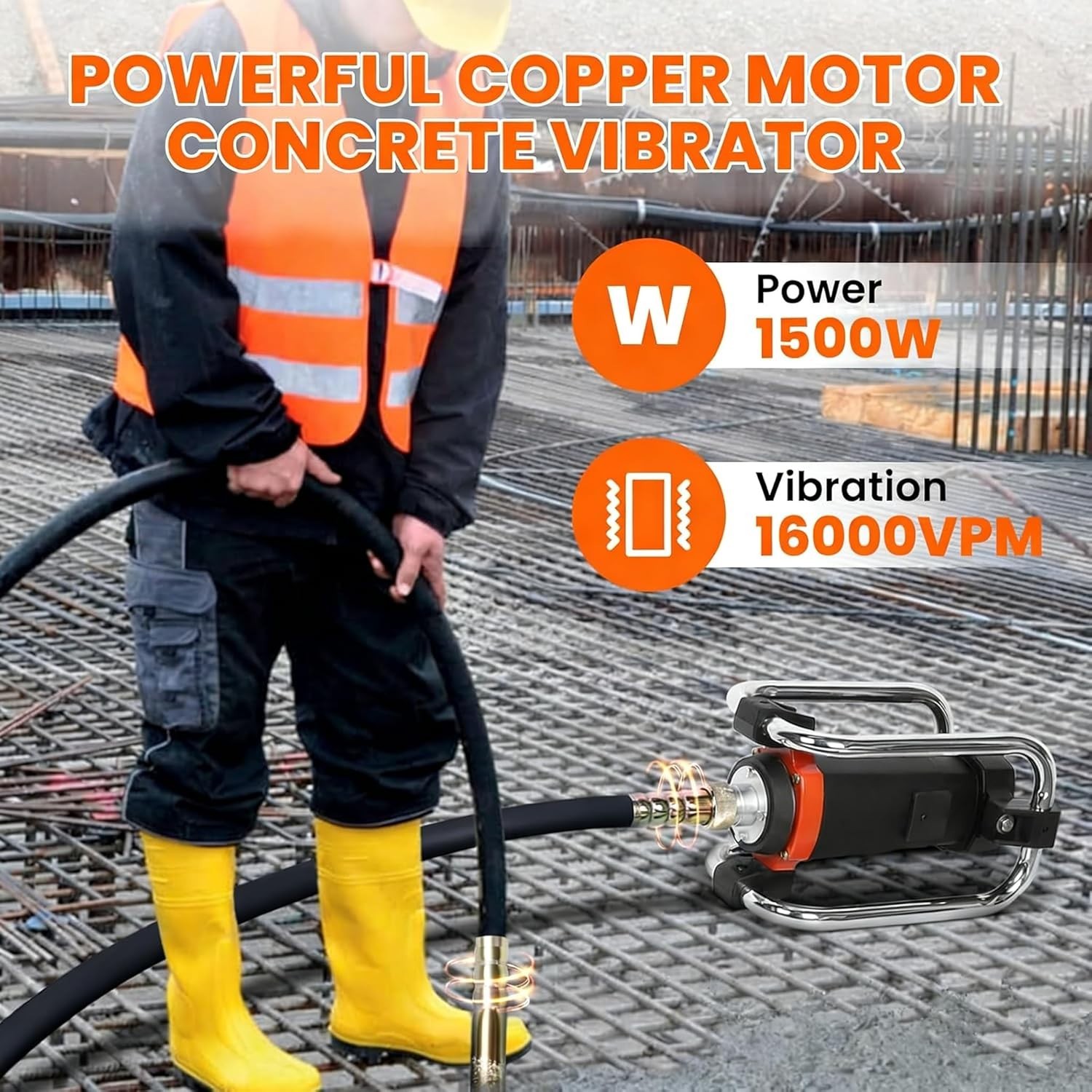 Electric Concrete Vibrator 1500W 14.75 feet Poker to Remove Air Bubbles 16000VPM