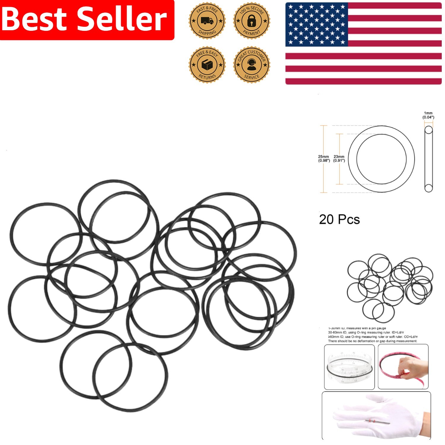 20 Pack Nitrile Rubber O-Rings 25mm 23mm 1mm Sealing Gasket Plumbing Automotive
