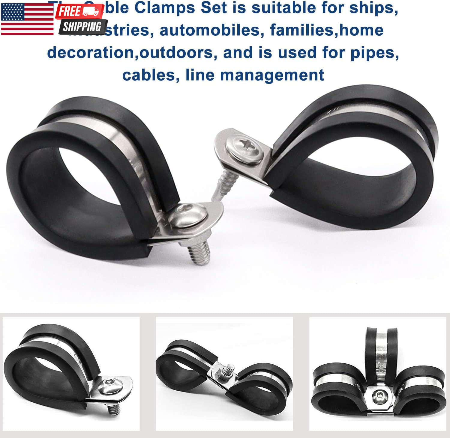 50PCS 3/8 Inch Cable Clamps 304 Stainless Steel Rubber Cushion Insulated Wire Cl
