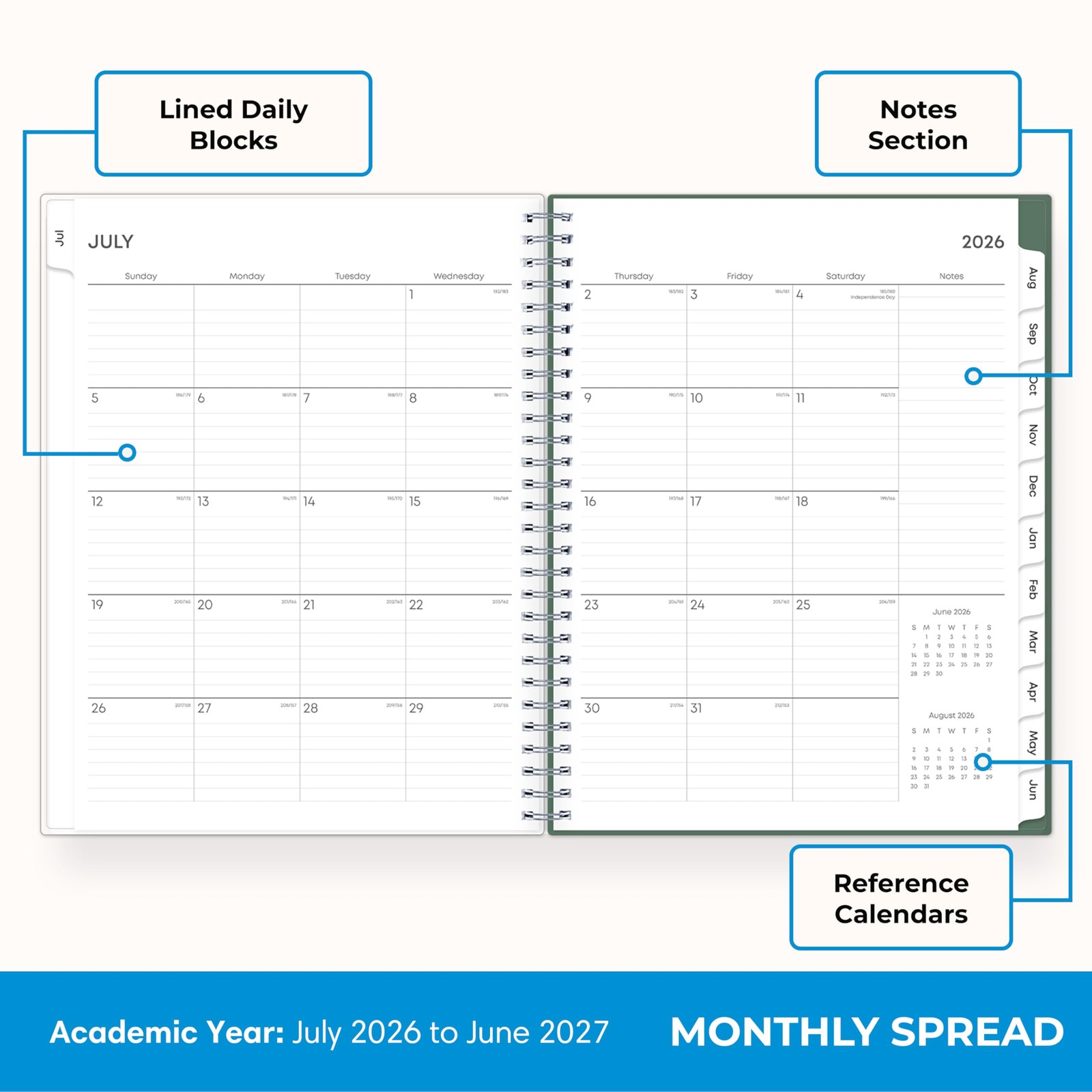 2026-2027 Weekly and Monthly Academic Year Planner Calendar, July 2026 – June…