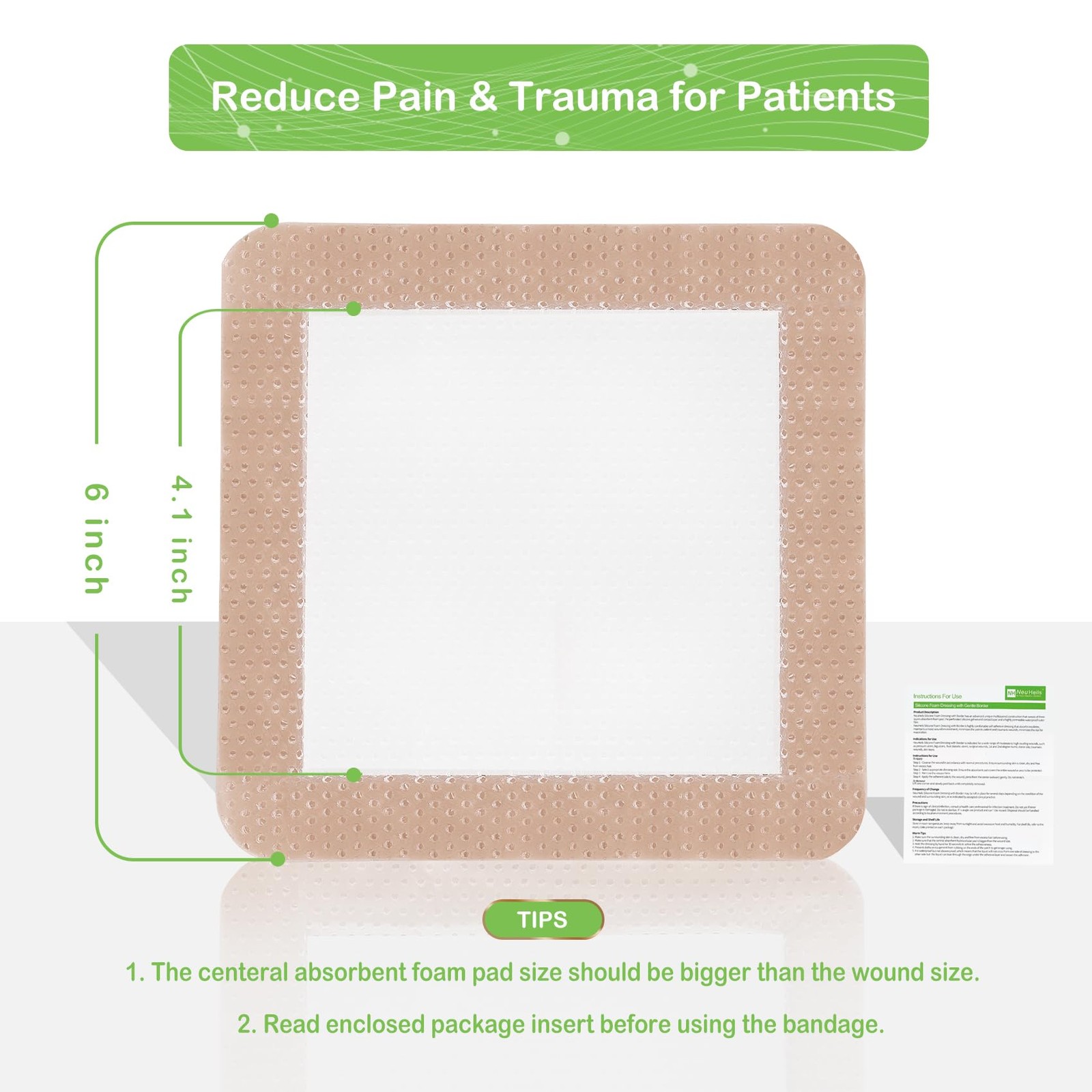 NeuHeils Silicone Adhesive Foam Dressing Bandage 6»x6» (Pack of 5), Tan