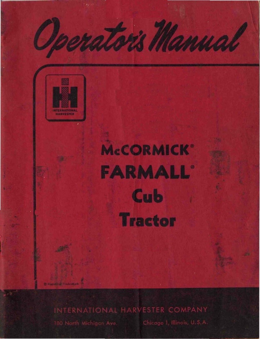 Tractor Operator Instruction Maint Manual Fits McCormick Farmall Cub 1955