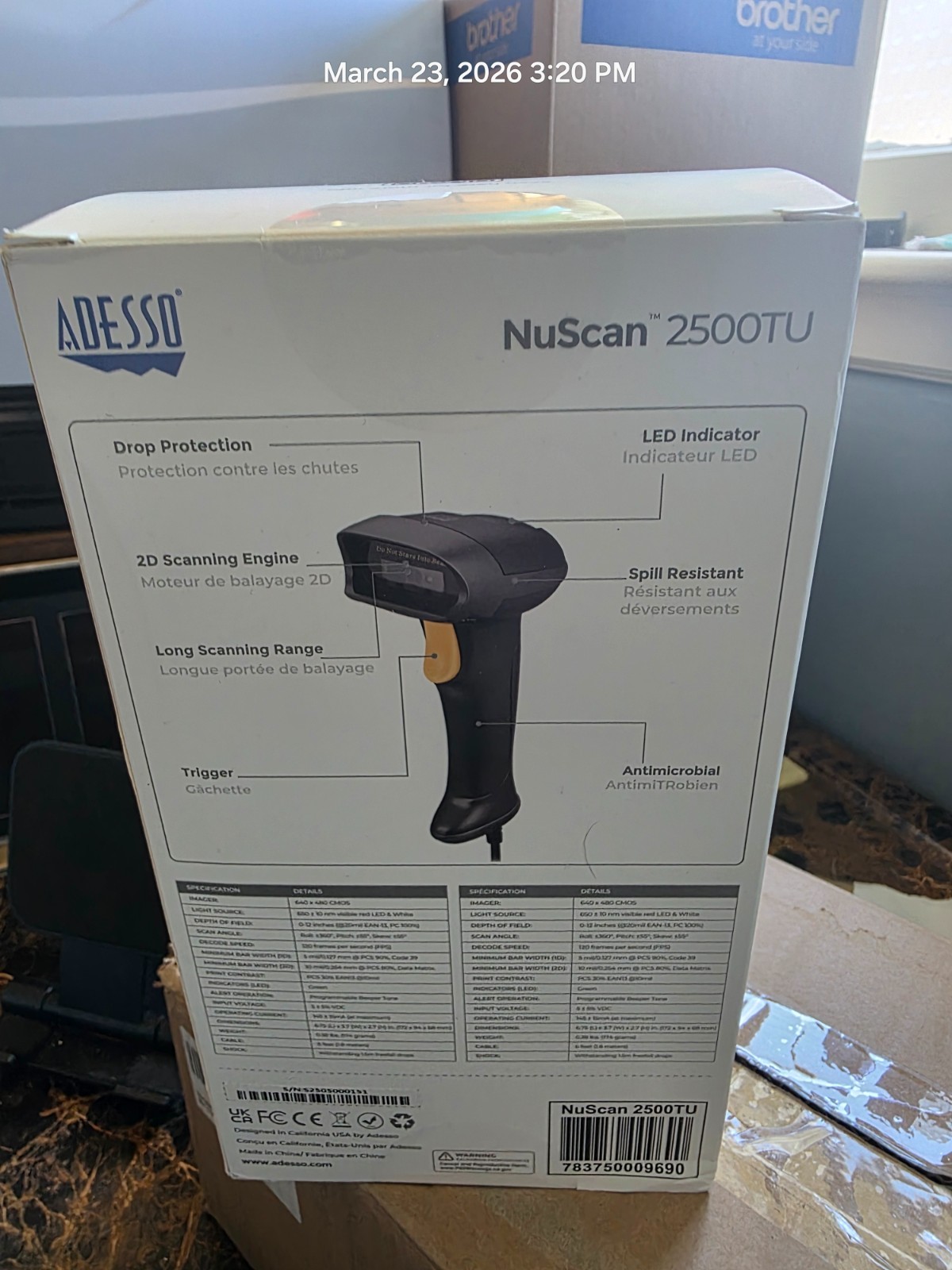 Adesso NuScan 2500TU Antimicrobial Spill Resistant Barcode Scanner |NUSCAN2500TU