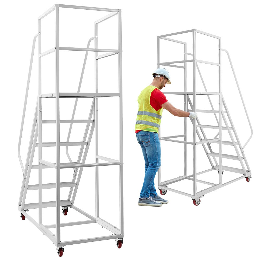 6 Step Rolling Warehouse Step Ladder, Movable Platform Ladder with Locking Wheel