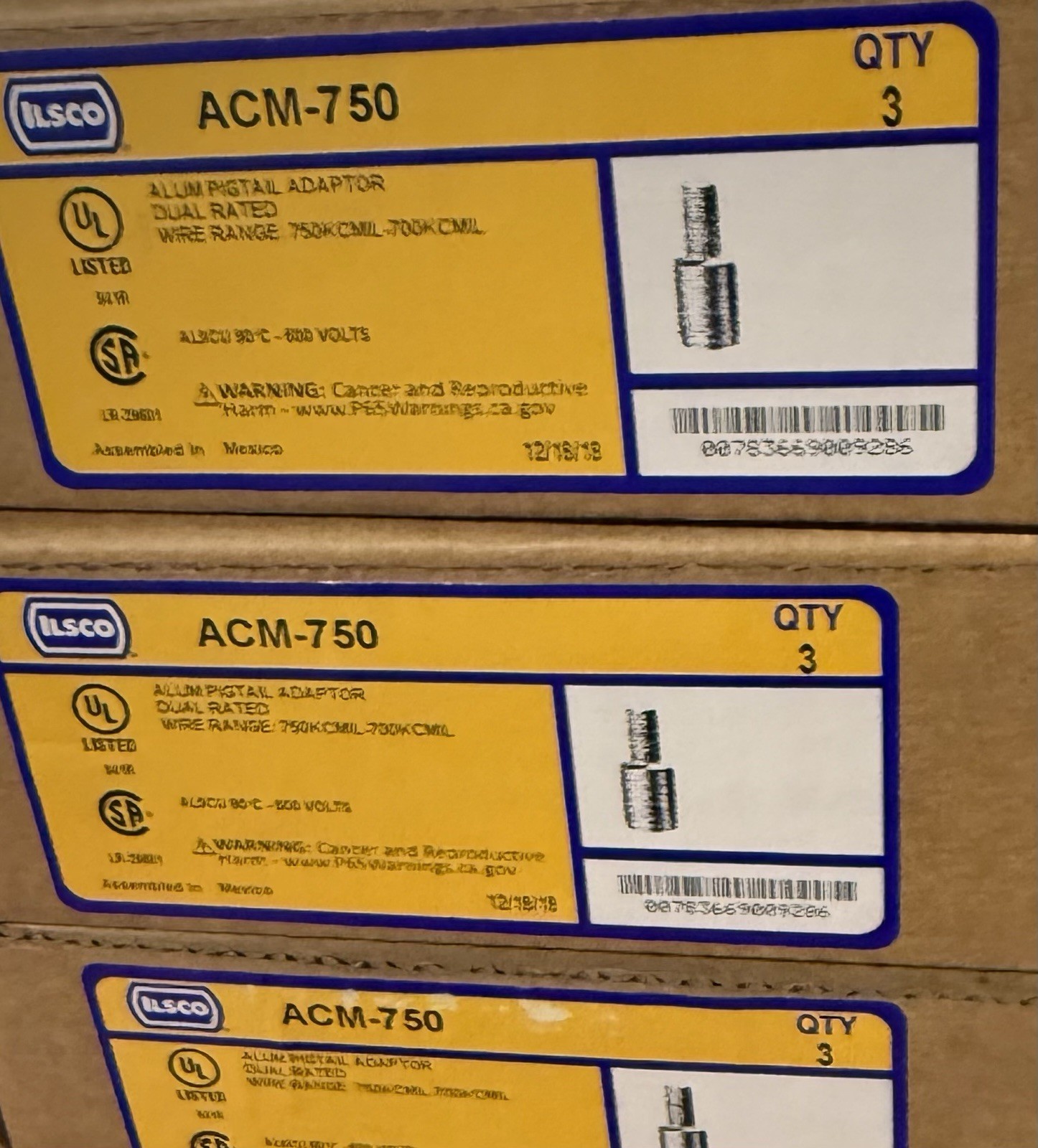 NEW ILSCO ACM-750 ALUM PIGTAIL ADAPTOR 750KCMIL-700KCMIL DUAL RATED AL9CU 600V