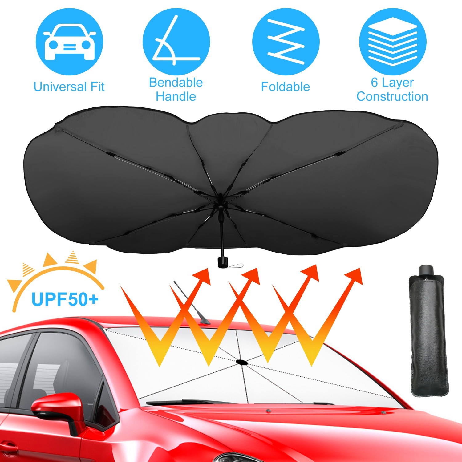 57x33In Foldable Car Sun Umbrella For Car Truck SUV Silver Titanium w/Bag