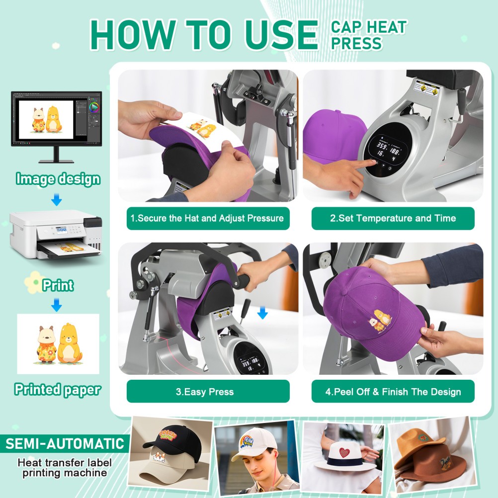 Dual Heater Hat Heat Press Semi-Auto Open Printing Cap Machine w/Laser Alignment