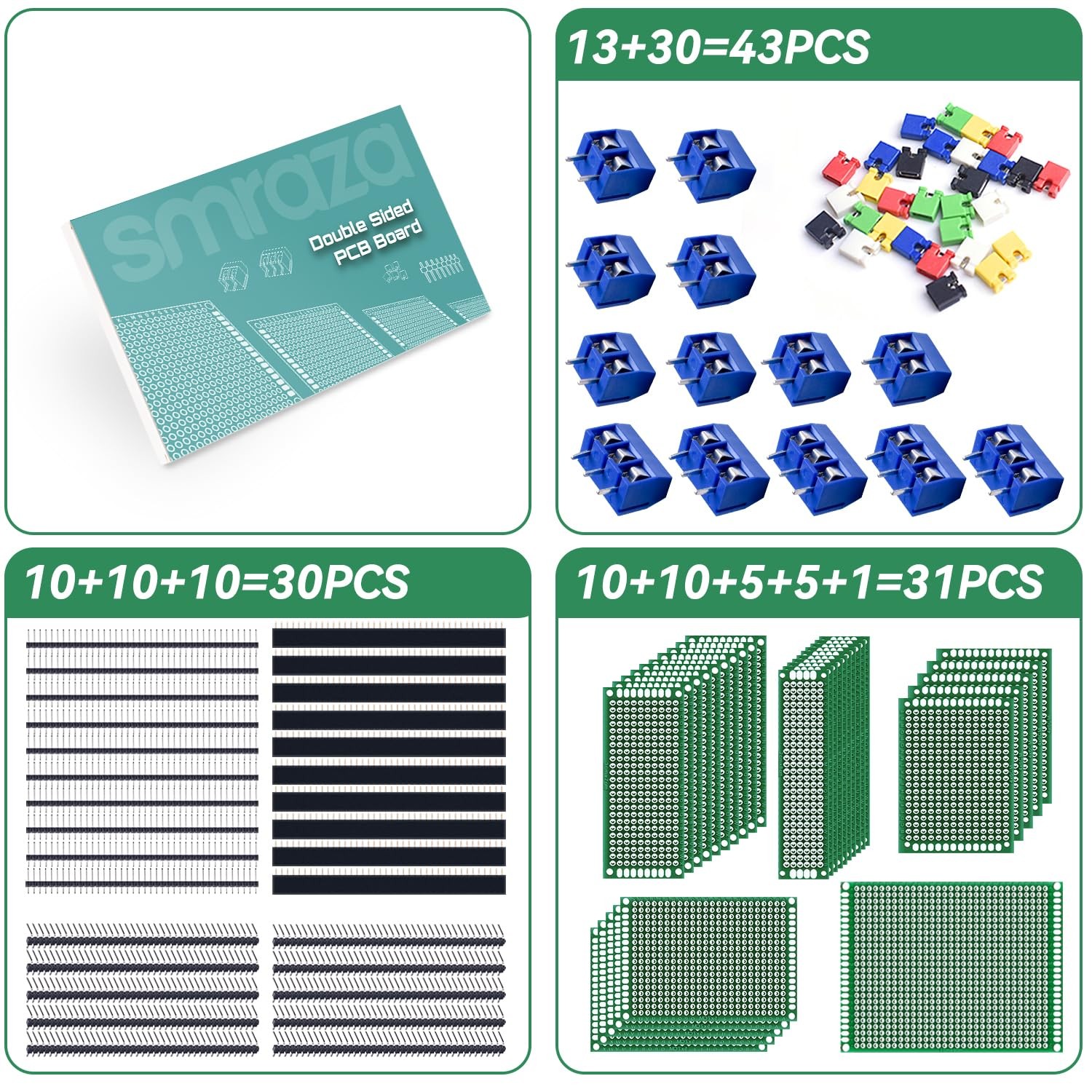 104pcs Double Sided PCB Board Kit, Prototype Boards for DIY Soldering and Ele