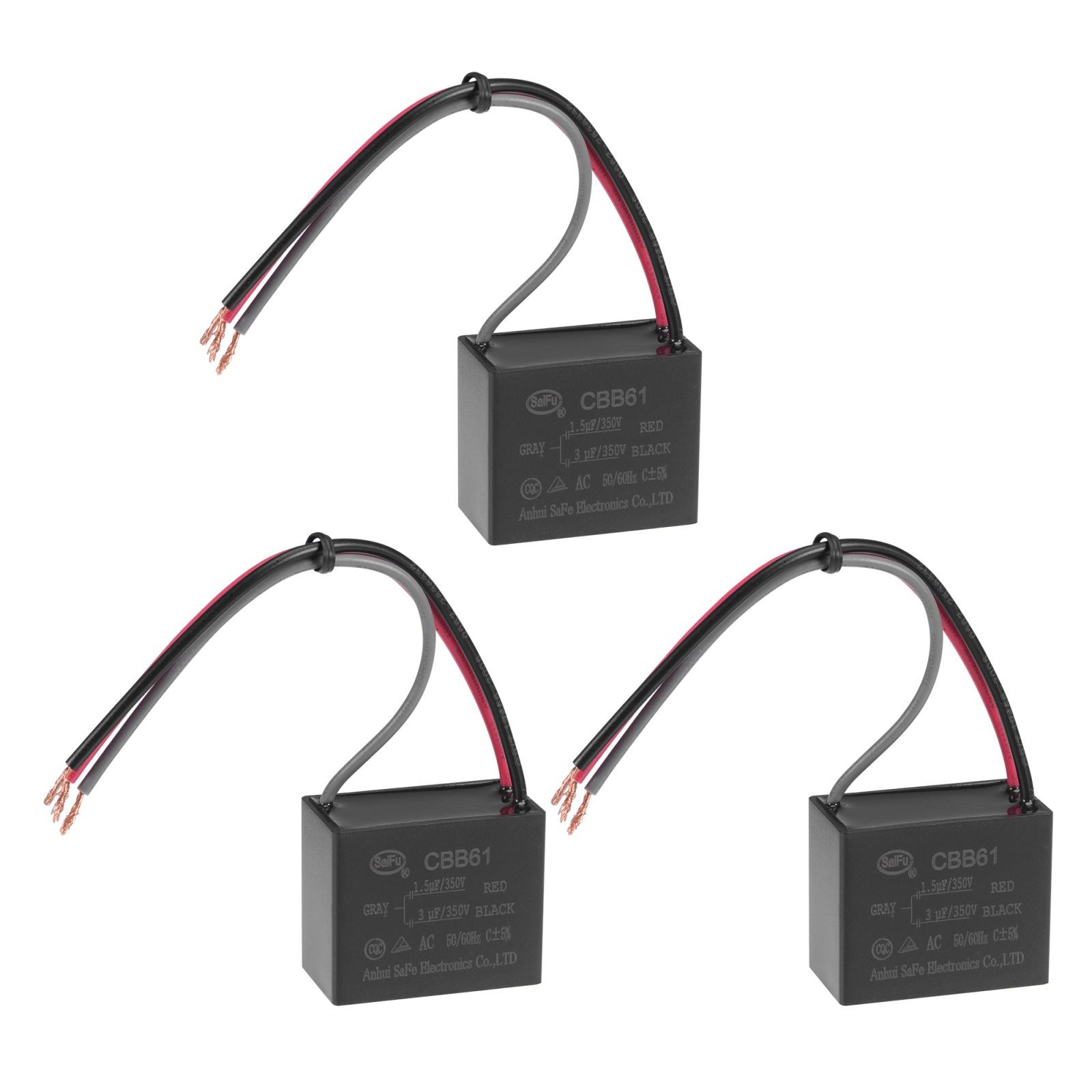 Metallized Film Ceiling Fan Capacitor CBB61 1.5/3uF 350V AC 3 Wires 3Pcs