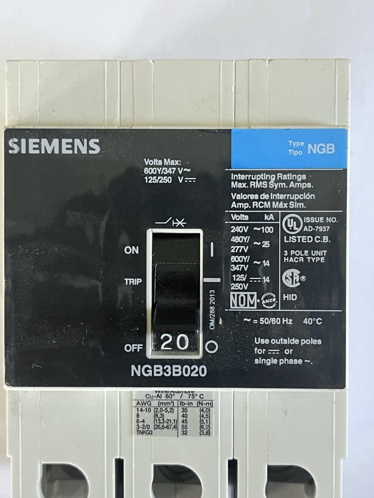Siemens NGB3B020 3-Pole Circuit Breaker – White