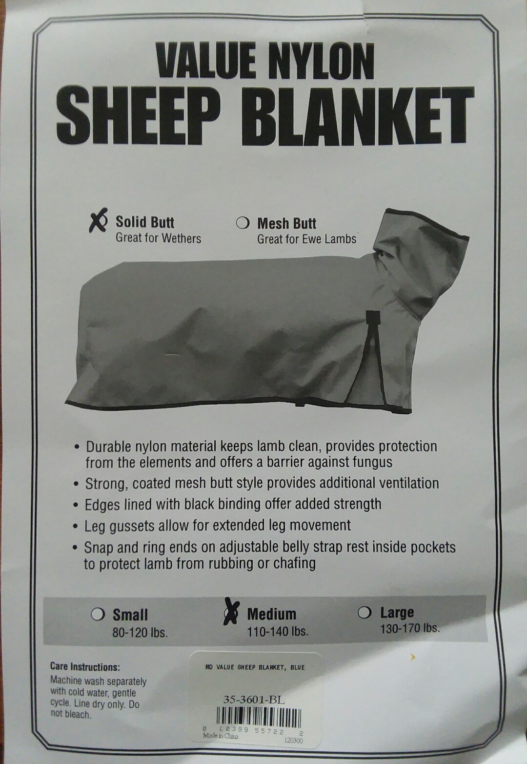 Weaver Leather Nylon Solid Butt Sheep Blanket, blue, Medium 110-140 lbs.