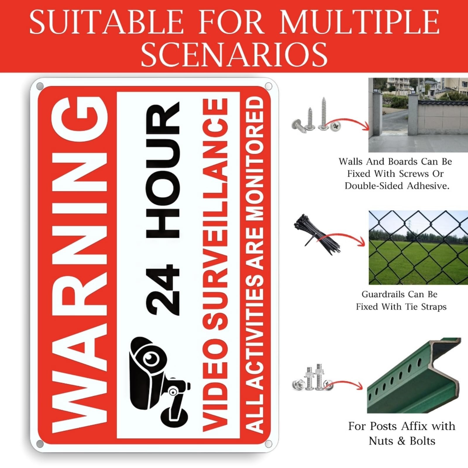 4 Pack Video Surveillance Signs, 24hr Monitoring No Trespassing Camera Sign