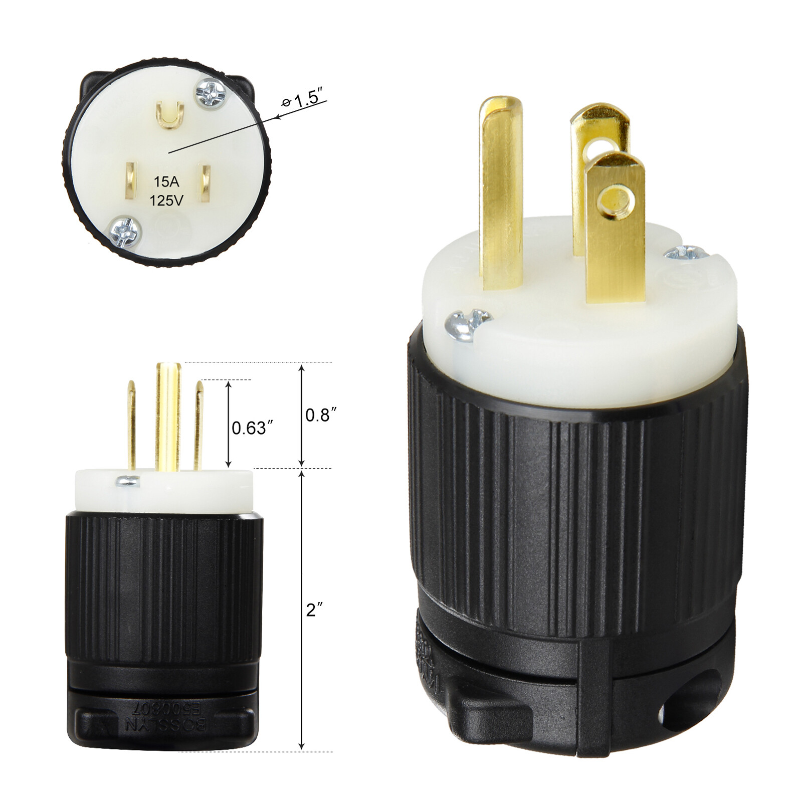 Straight Blade Plug NEMA 5-15P AC 15A 125V, 2 Pole, 3 Wire Male Connector 2 Pack