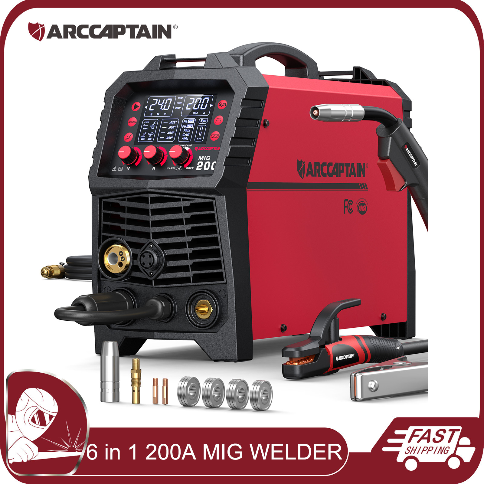 ARCCAPTAIN MIG Welder 200Amp 6 in 1 Aluminum LED Display 110V/220V Multi Process