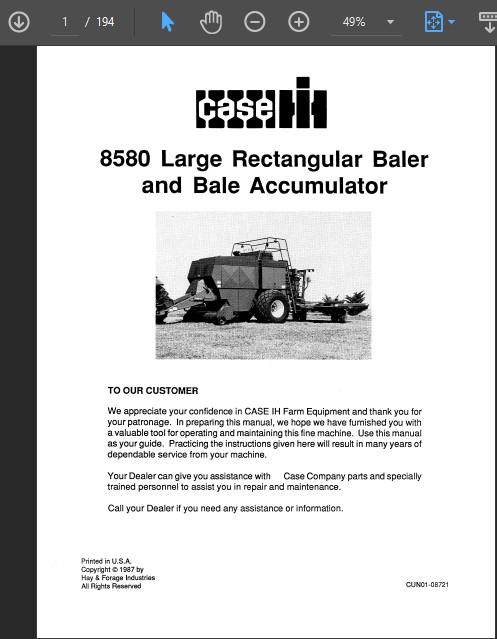 CASE IH 8580 SQUARE BALER MANUAL OWNER OPERATOR SHOP SERVICE REPAIR SHOP PDF USB