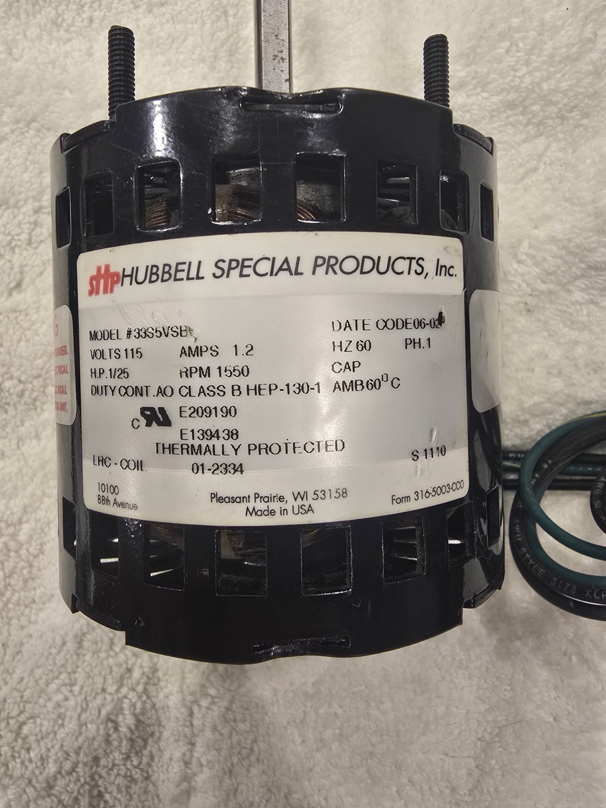 Hubbell Special Products HVAC Motor 3335VSB 115V 1.2A 1PH Thermally Protected