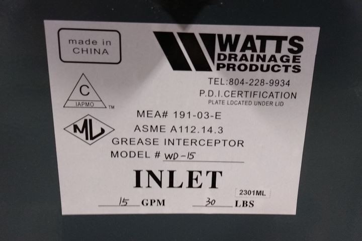 Watts WD-15 2 In Pipe Dia 15 GPM 30 Lb Capacity Grease Interceptor