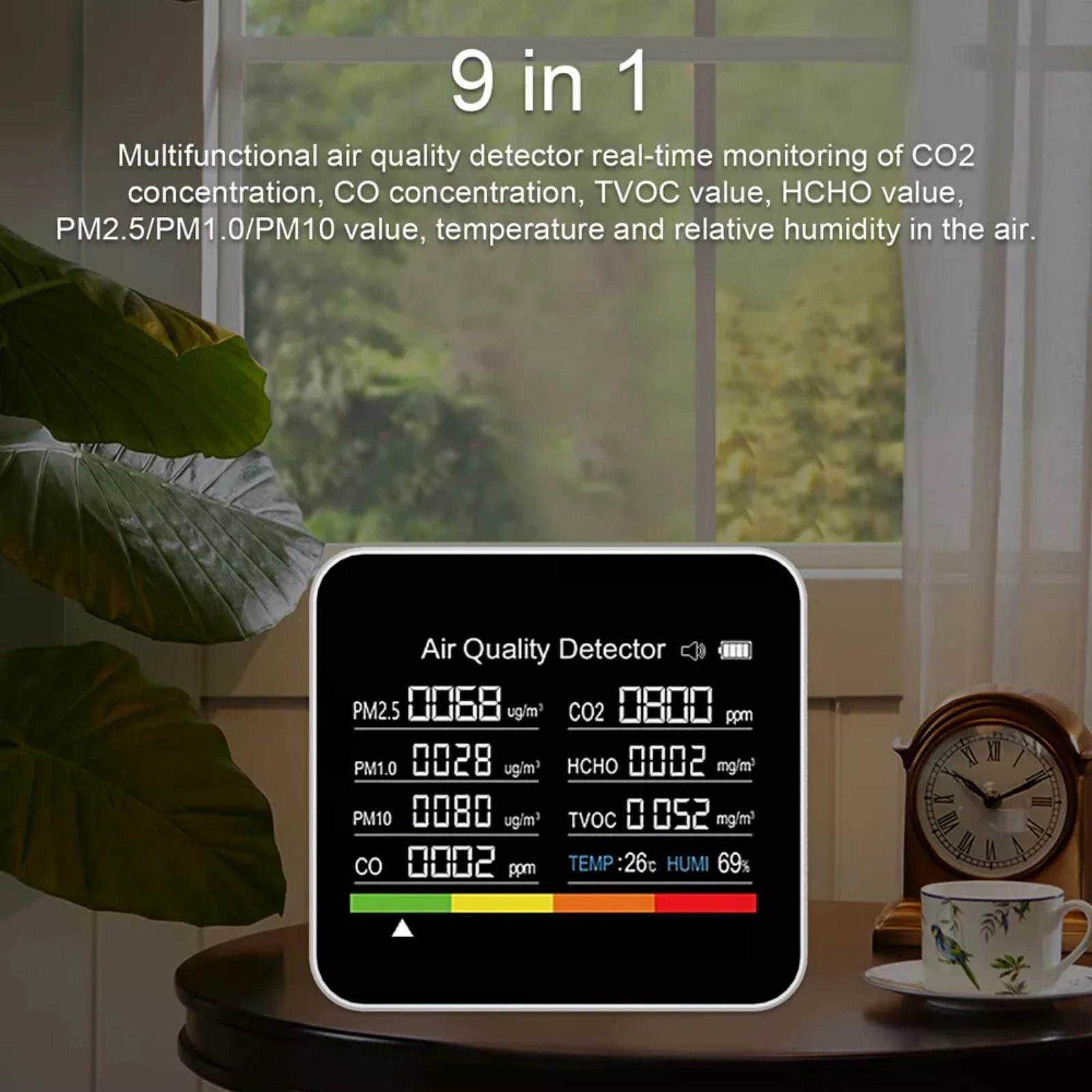 9-in-1 Air Quality Monitor Indoor Carbon Monoxide Detector PM2.5/1.0/10 HCHO