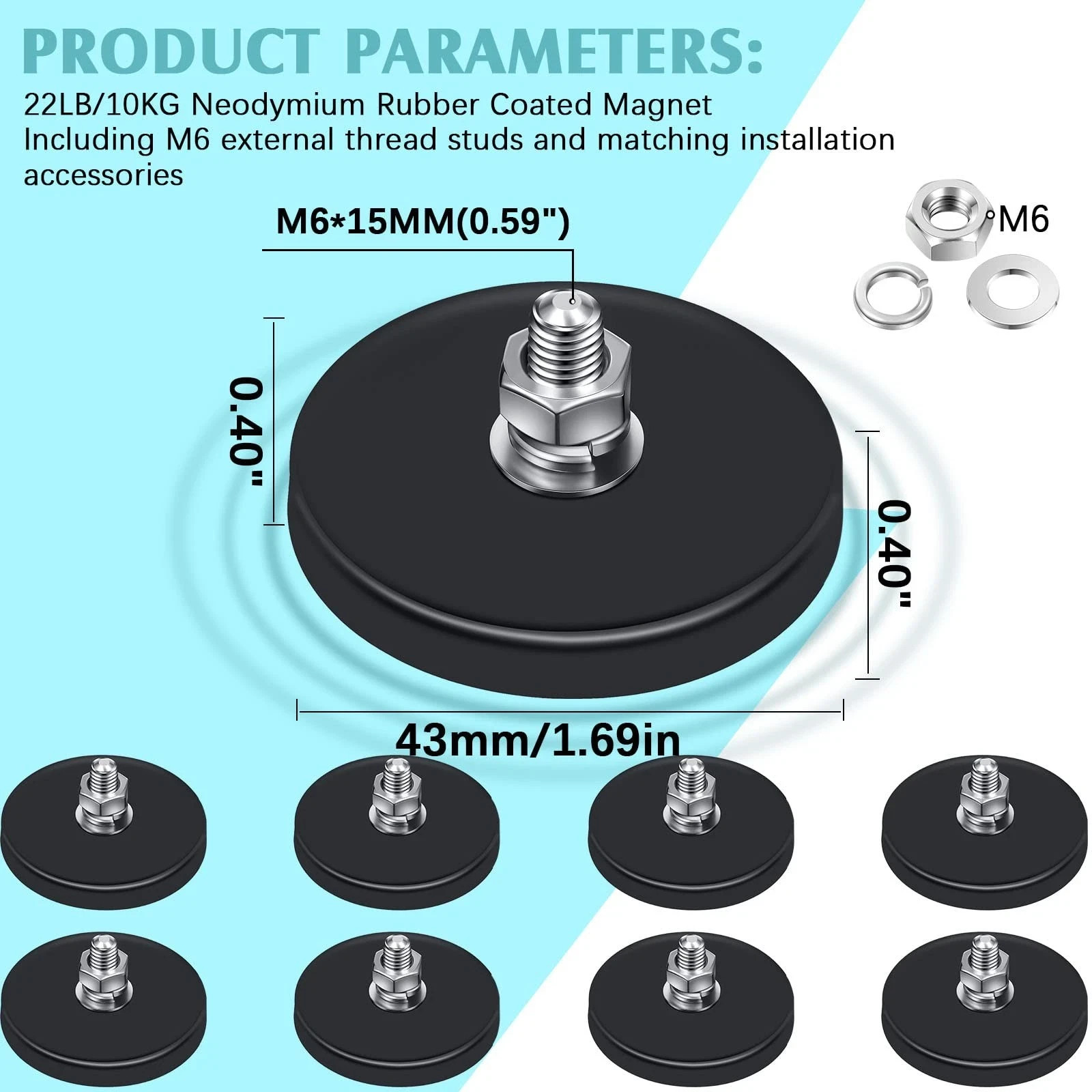8 Pack Neodymium Magnet Rubber Coated Mounting Magnets with Bolt Nuts