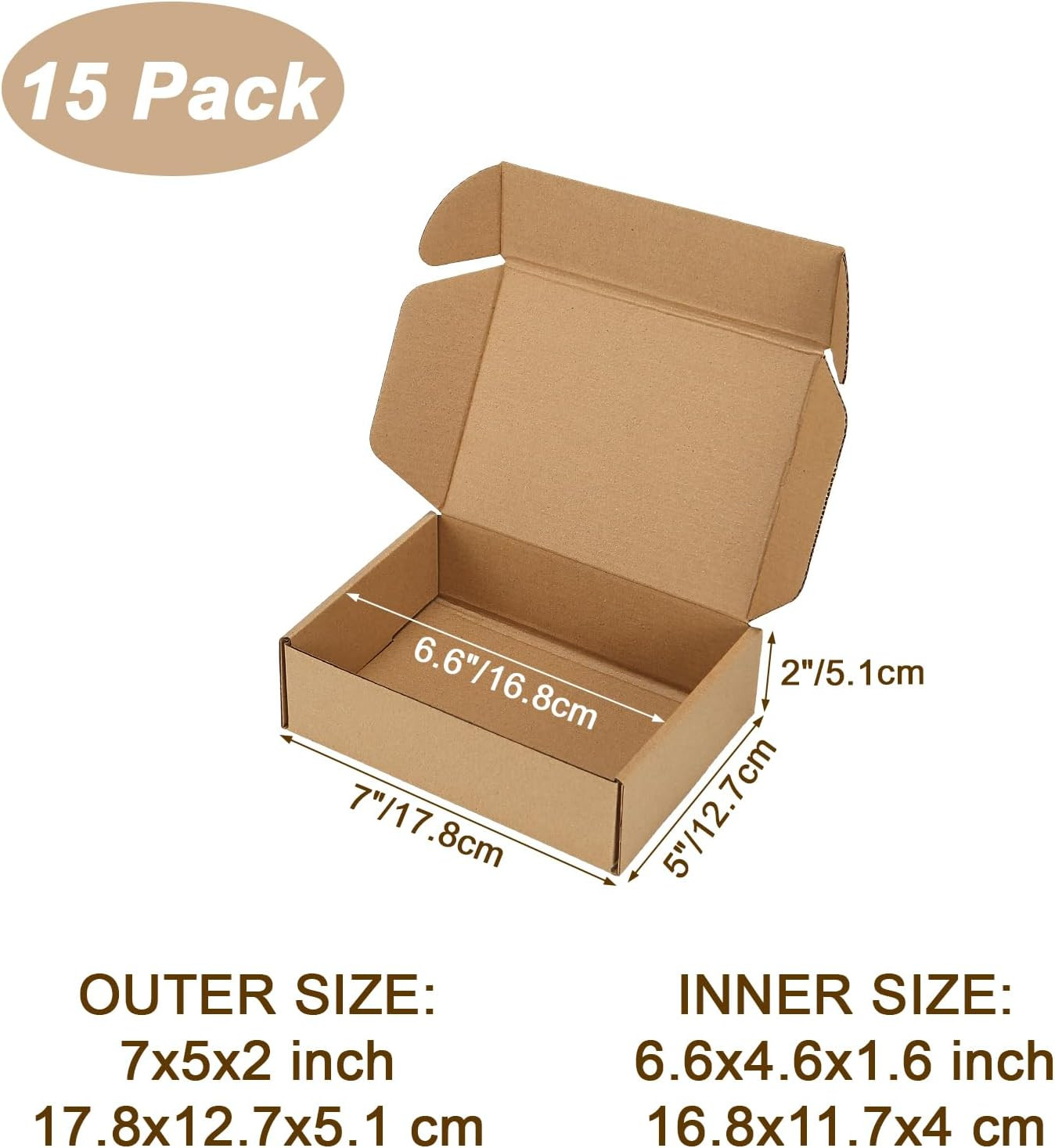 7x5x2″ Shipping Boxes 15 Pack, Brown Mailers for Small Business