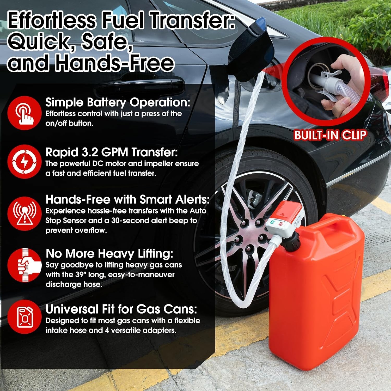 3.2GPM Auto-Stop Sensor Pump with 51″ Hose & 4 Adapters for Efficient Refueling