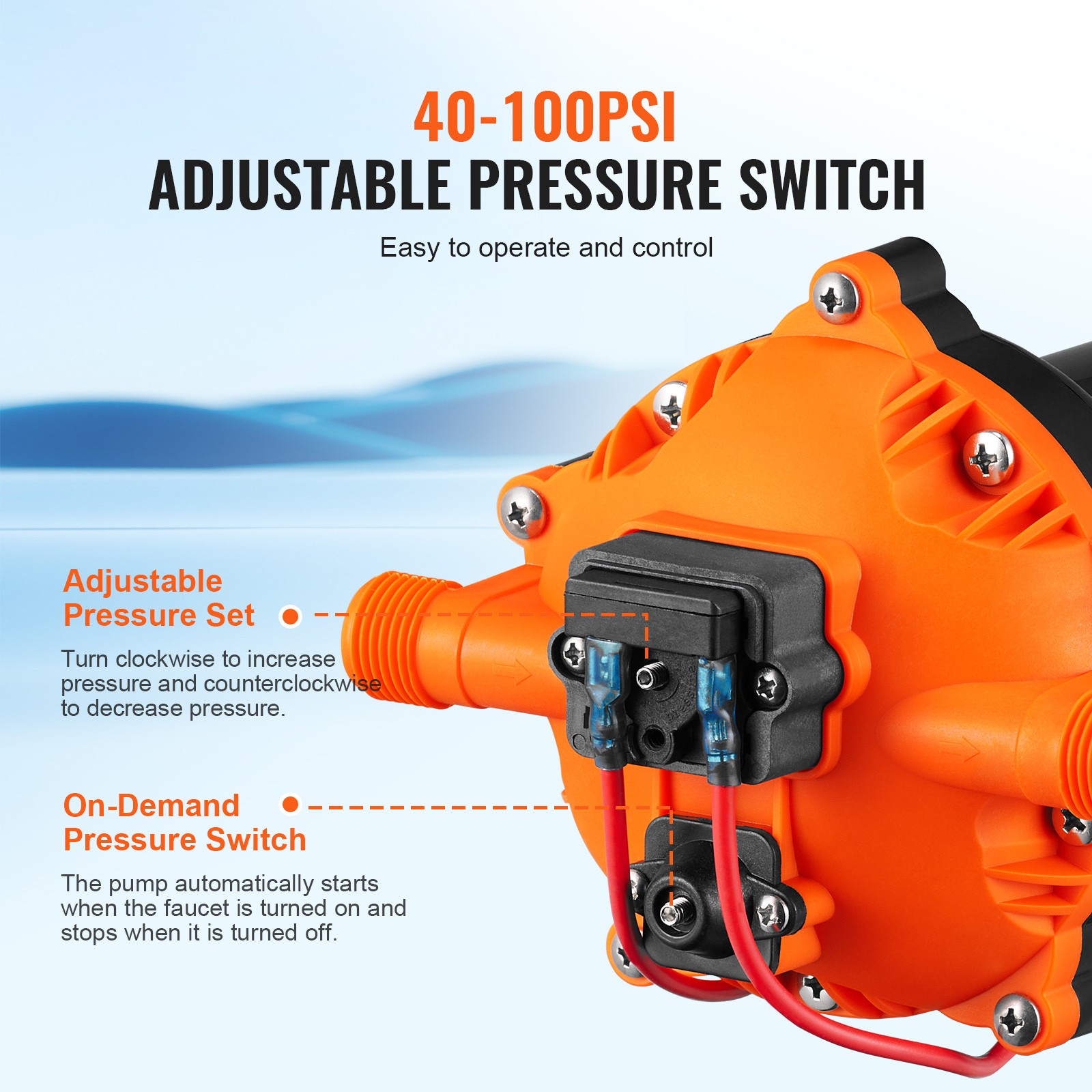 VEVOR 12V Water Pressure Diaphragm Pump Self-Priming Pump 70 PSI 5.5 GPM Boat RV