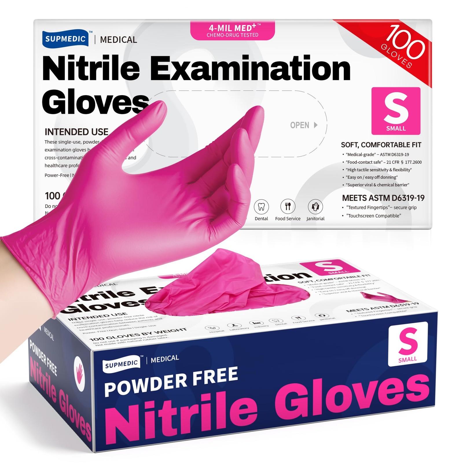 Supmedic Nitrile Exam Gloves, 4 Mil 100 Pcs Small, Small (Rose Orchid)