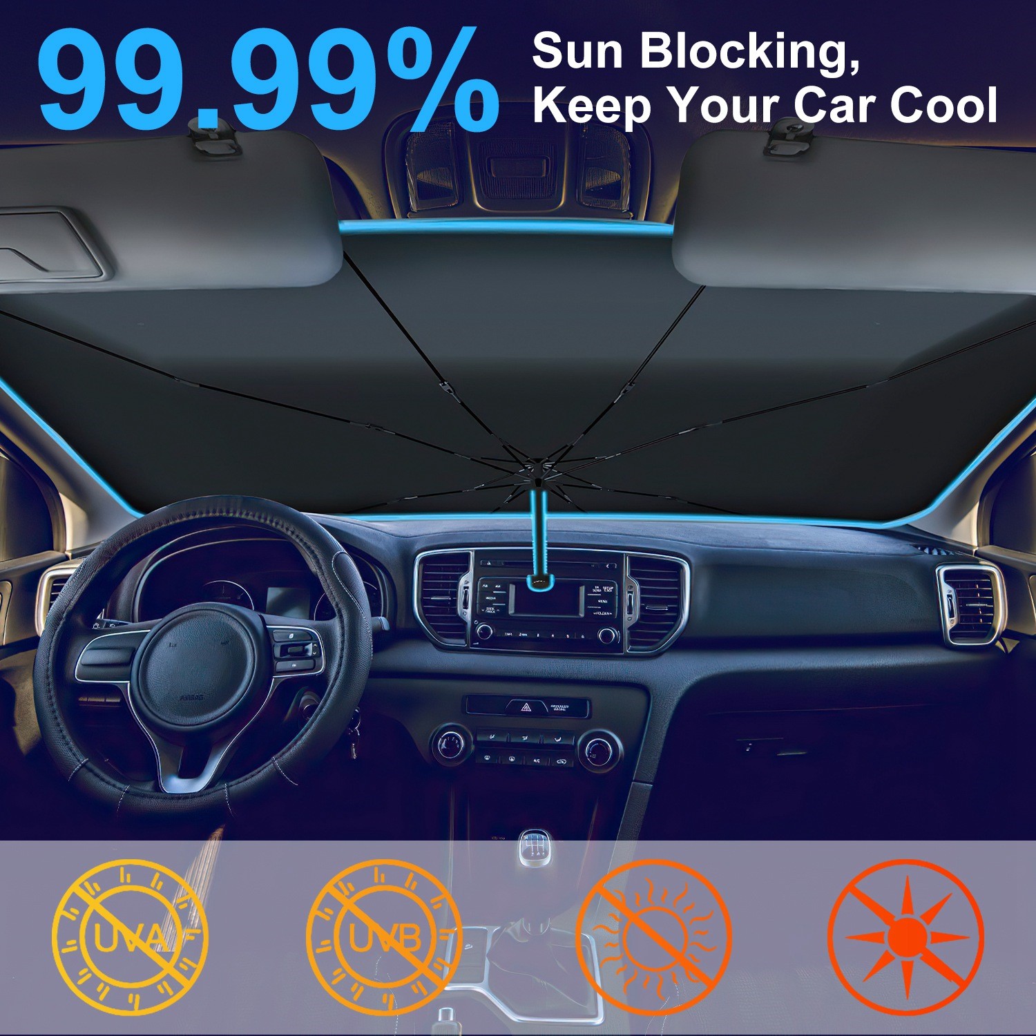 57x33In Foldable Car Sun Umbrella For Car Truck SUV Silver Titanium w/Bag