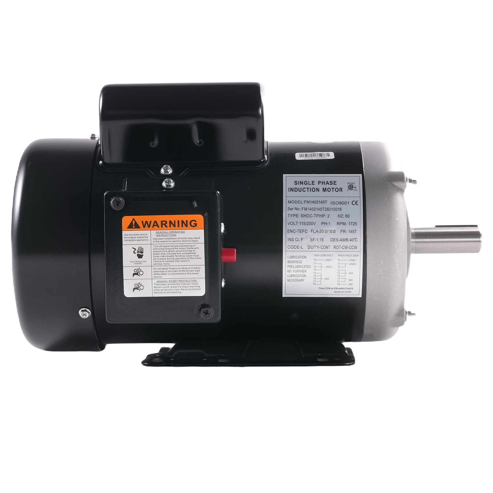 2HP Electric Motor 1725RPM 143/5T Frame 1-Phase 5/8″ Keyed Shaft AC115V/230V
