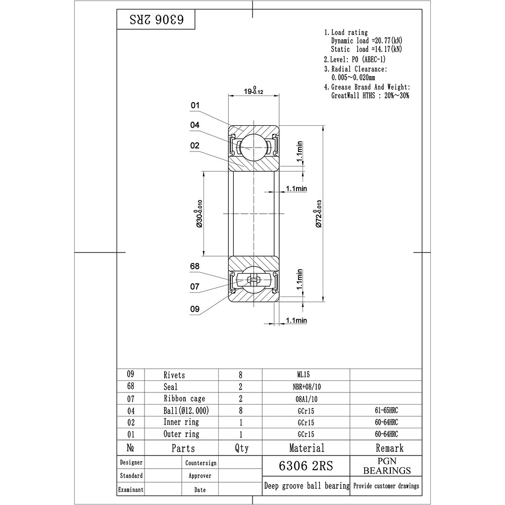 (2) 6306-2RS Premium Rubber Seal Ball Bearing C3 EMQ, 30x72x19, 6306 2RS 6306rs