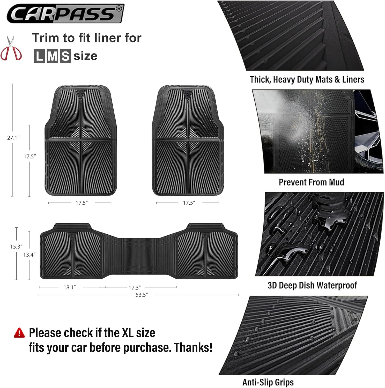 CAR PASS Rubber Floor Mats, All Weather Waterproof Trim-to-Fit Automotive Mats f