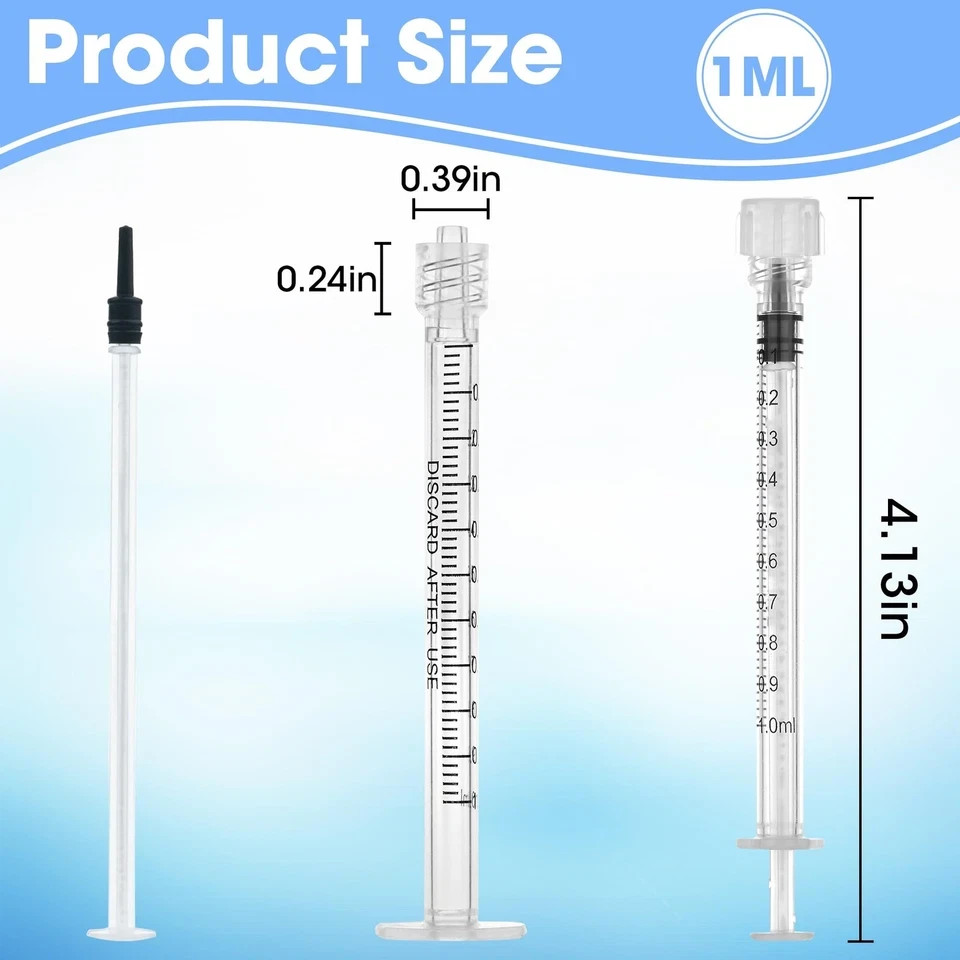 100 Pack Bag 1ml/cc Luer Lock Syringe with Caps, Plastic 1 mL, clear