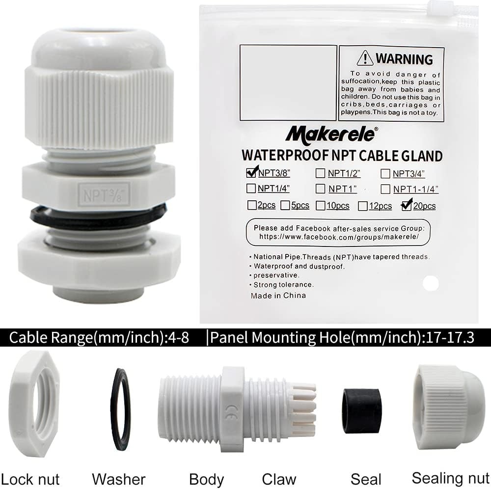 MAKERELE Wire Strain Relief NPT 3/8”Nylon Cord 3/8" 20pcs BAG, Grey