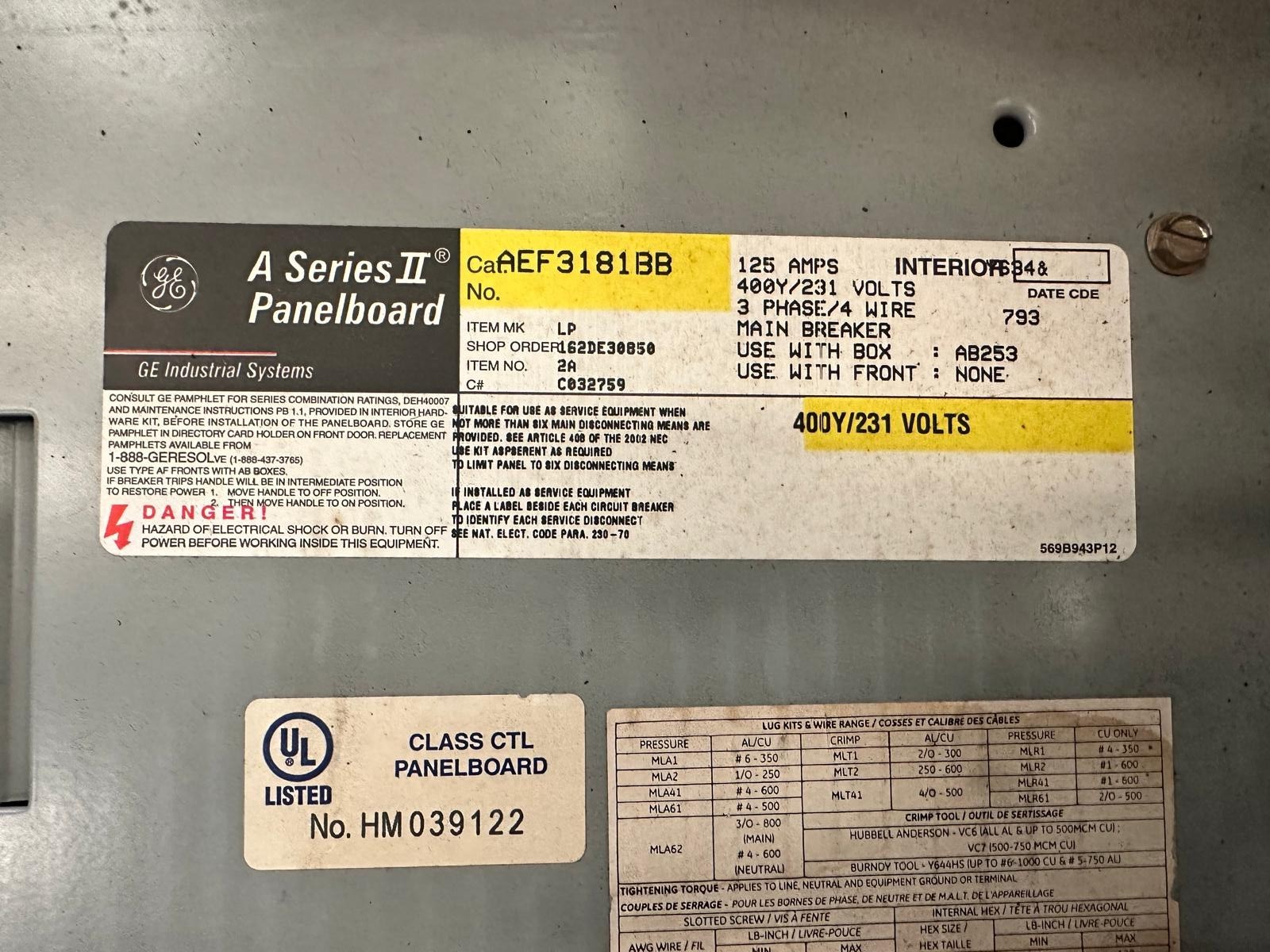 GE A-Series II AEF3181BB Panelboard 100 Amps,With 20 Amps 7 qty Breaker